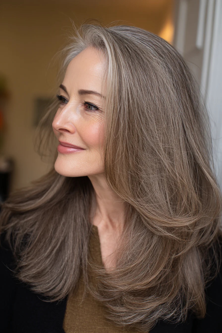 23. Ausgestellte Schichten mit neutralem Walnussbraun (lange Frisuren für Frauen über 60) – Lange Frisuren für Frauen über 60