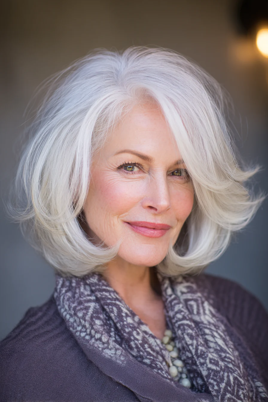 23. Ausgebreitete Stufen mit Schneewittchen (Schulterlange Stufenhaarschnitte für Frauen über 50) – Schulterlange Stufenhaarschnitte für Frauen über 50 