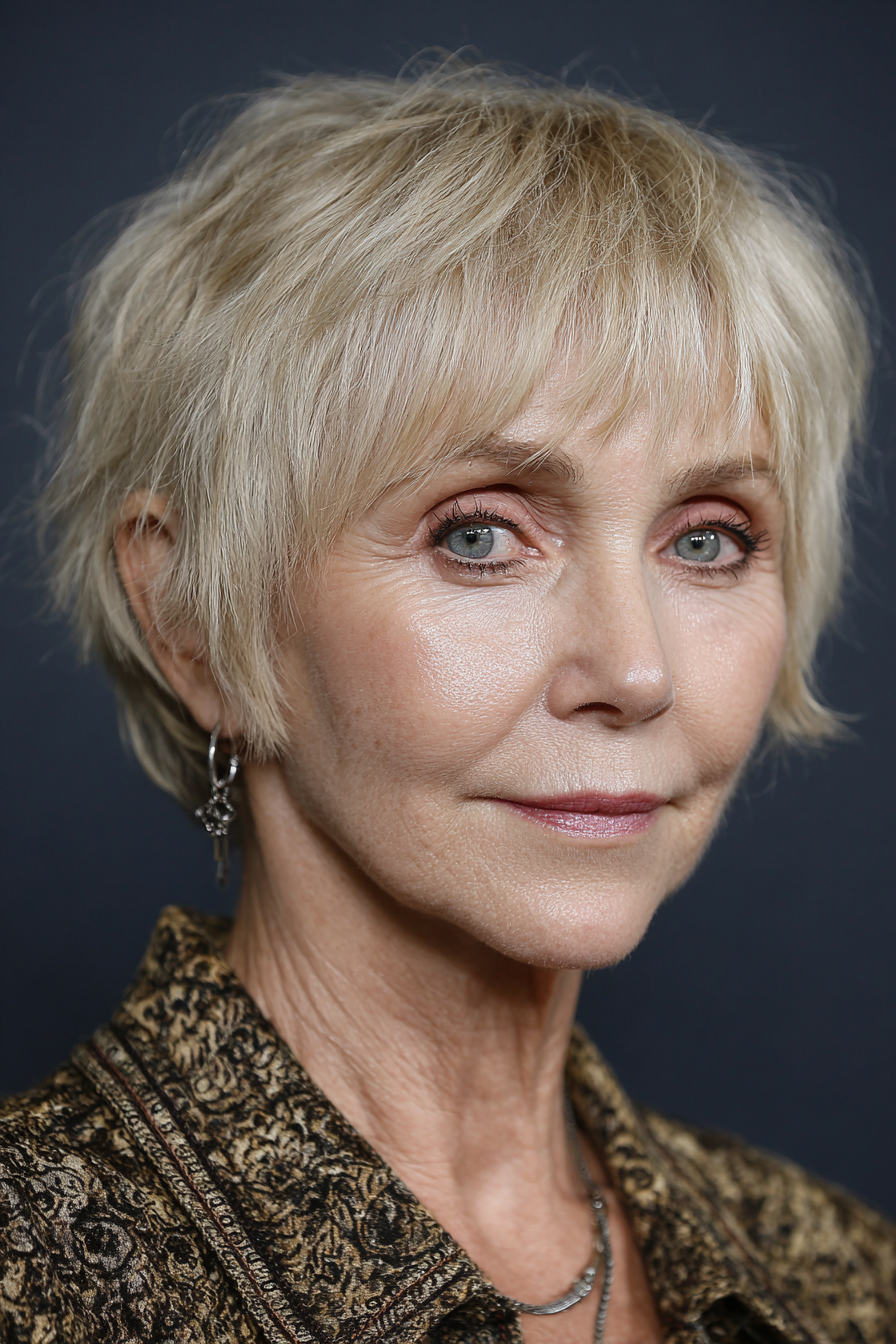 23. Pixie Bob mit Fransen in neutralem Beigeblond (Kurzhaarschnitte für dünner werdendes Haar für Frauen über 50) – Kurzhaarschnitte für dünner werdendes Haar für Frauen über 50