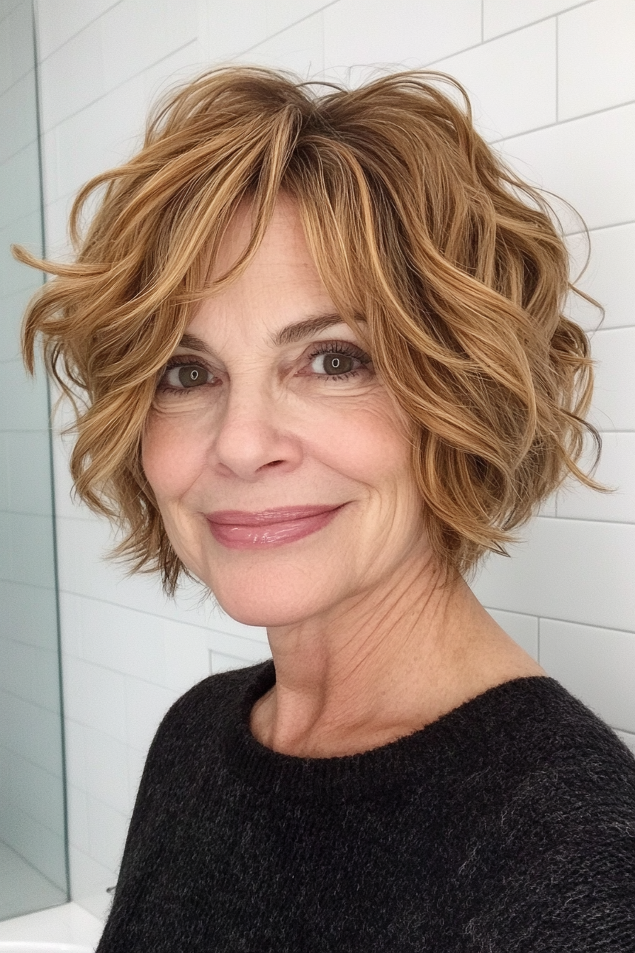 23. Golden Brown Wavy Shag (kurze Shag -Haarschnitte für Frauen über 60) - kurze Shag -Haarschnitte für Frauen über 60