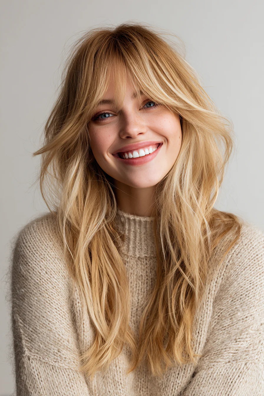 23. Hochvolumiger Stufenschnitt mit vanilleblonden Curtain Bangs (Curtain Bangs-Haarschnitte) – Curtain Bangs-Haarschnitte