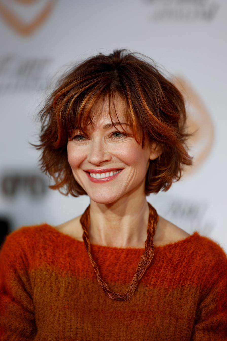 23. Layered Bob mit Kupferakzenten (geschichtete Bob -Frisuren für Frauen über 50) - geschichtete Bob -Frisuren für Frauen über 50