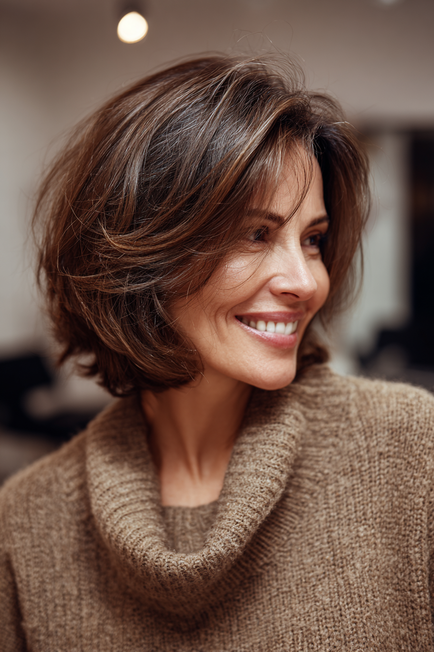 23. Layered Cool Breennette Lob (mittelgroße Bob -Haarschnitte für ältere Frauen) - mittelgroße Bob -Haarschnitte für ältere Frauen