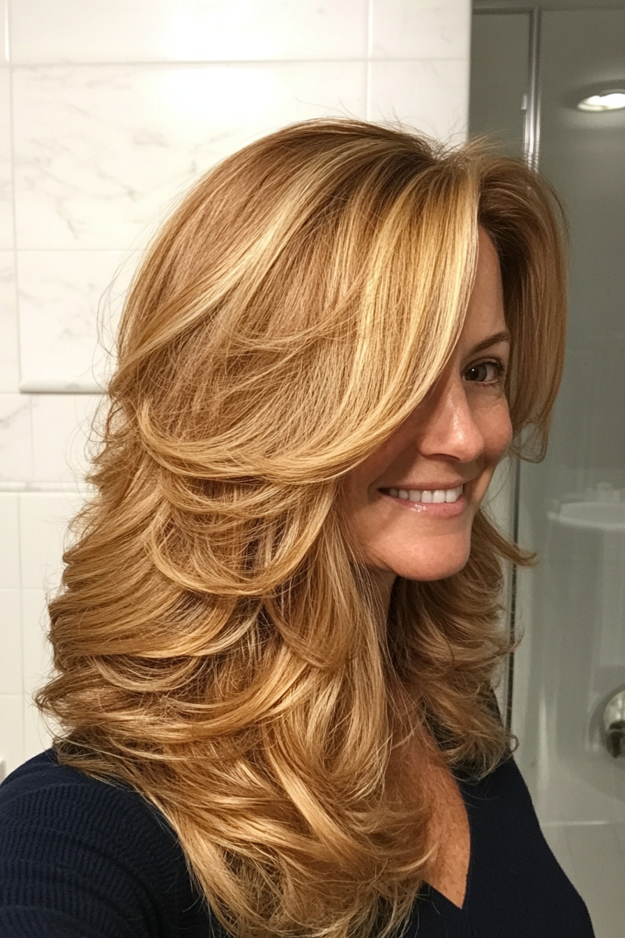 23. Geschichtete Locken mit goldener Blondine (lange Frisuren für Frauen über 50 mit dünnem Haar) - lange Frisuren für Frauen über 50 mit dünnem Haar