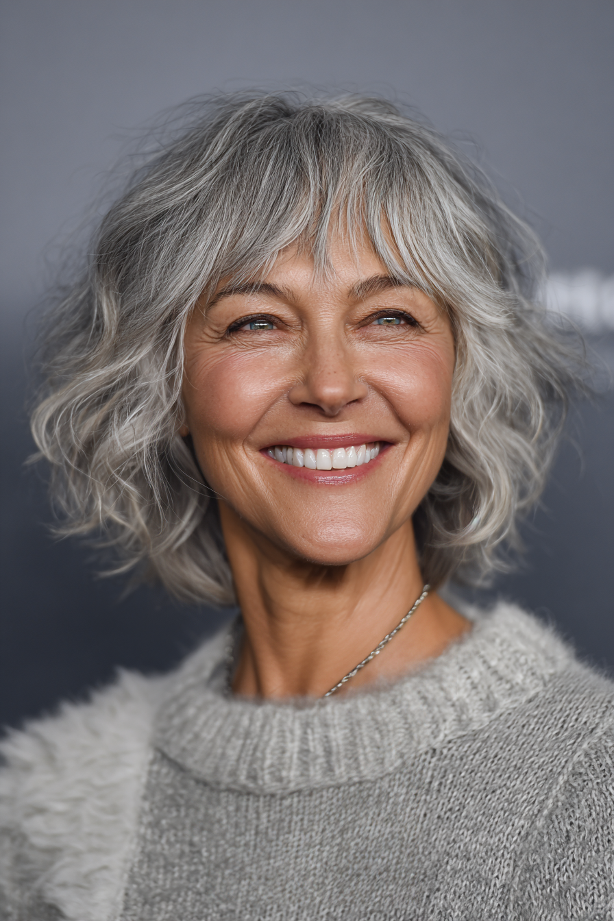 23. Schicht graue Ernte mit Fransen (kurze Frisuren für Frauen über 50 mit welligen Haaren) - kurze Frisuren für Frauen über 50 mit welligen Haaren