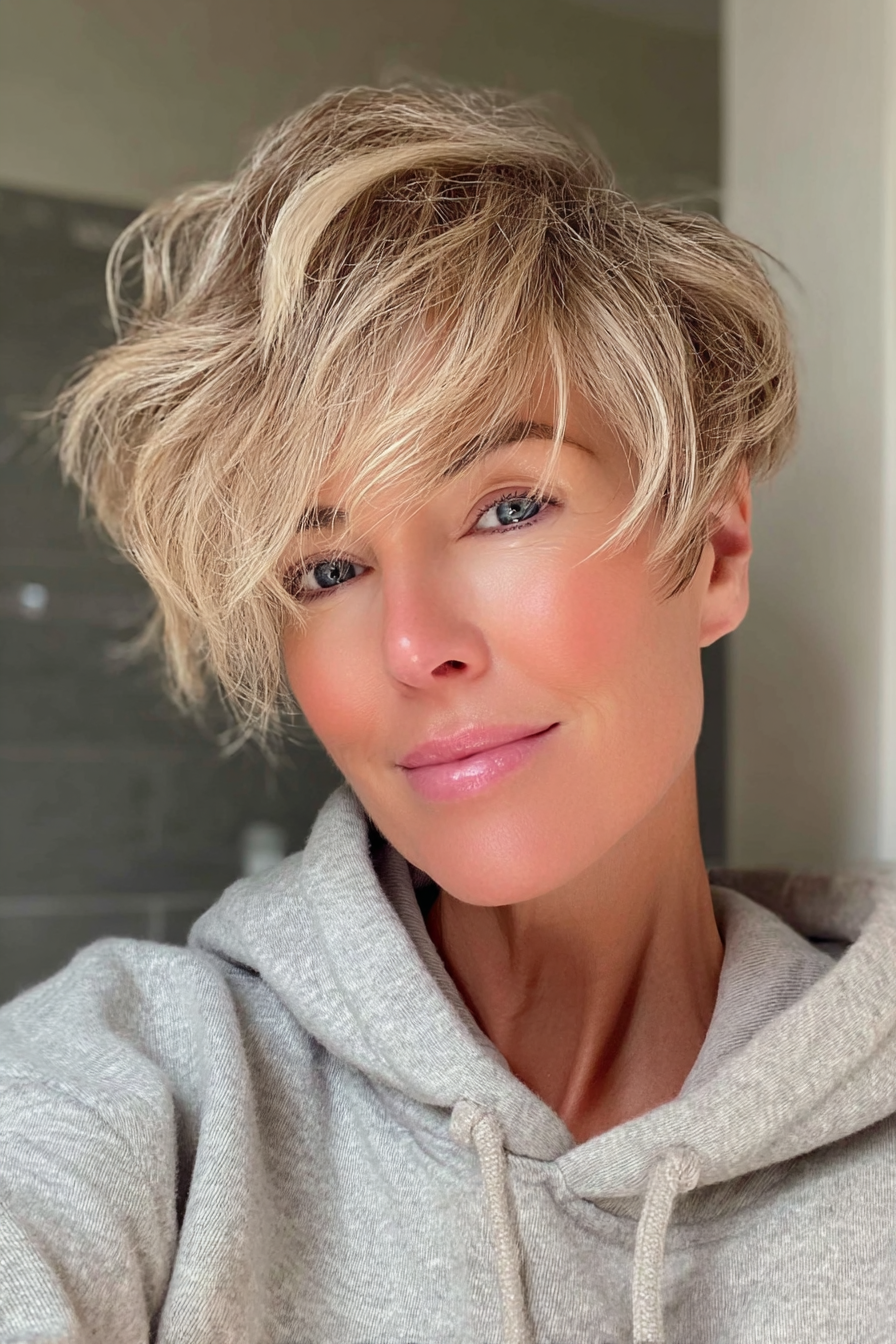 23. Layered Pixie -Bob in warmen Beige Blonde (kurze Haarschnitte für Frauen über 50 mit welligem Haar) - kurze Haarschnitte für Frauen über 50 mit welligen Haaren