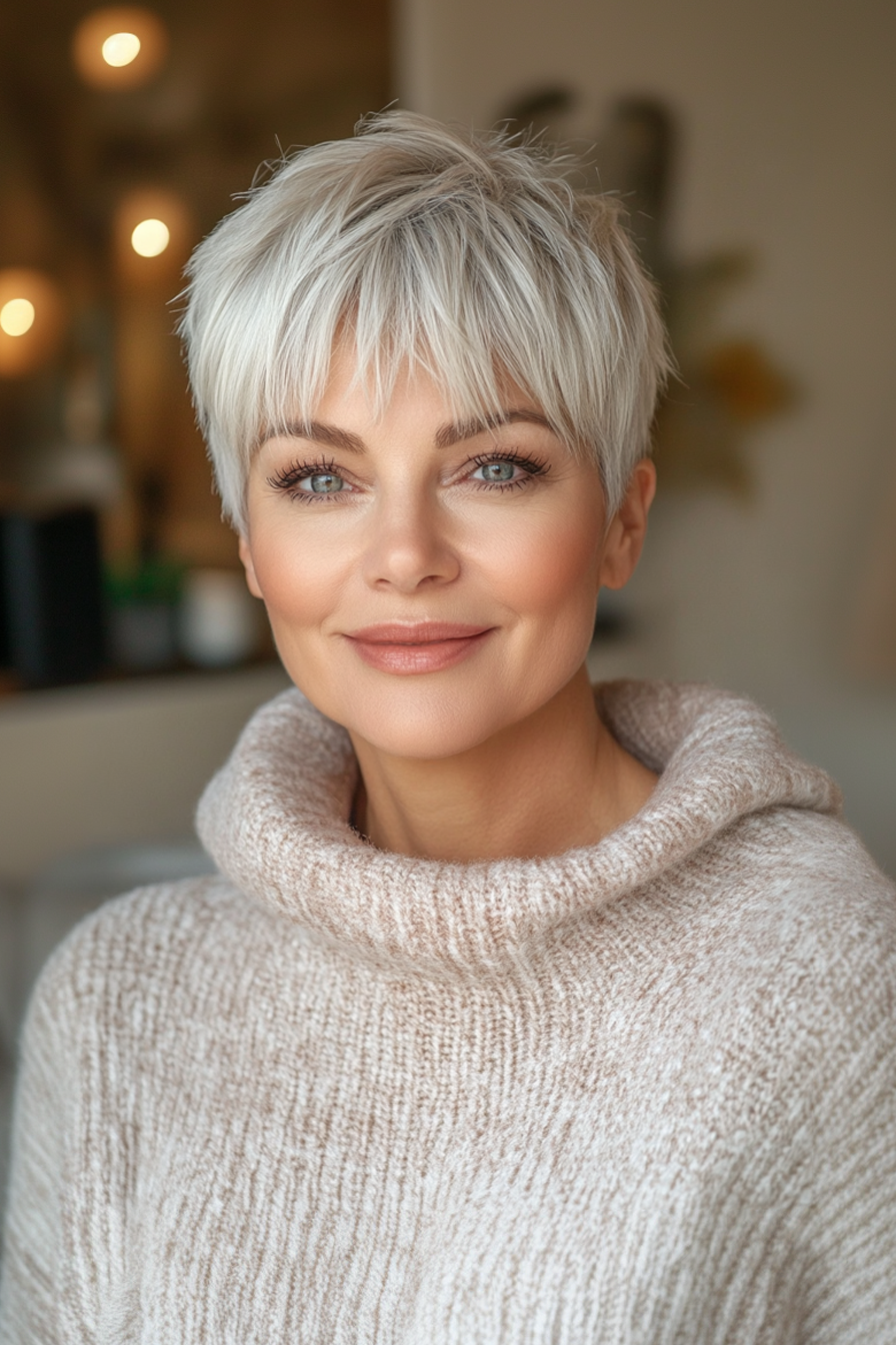 23. Layered Pixie mit Micro -Fransen in schneebedeckten Blonden (kurze Frisuren für ältere Frauen mit feinem Haar) - kurze Frisuren für ältere Frauen mit feinem Haar