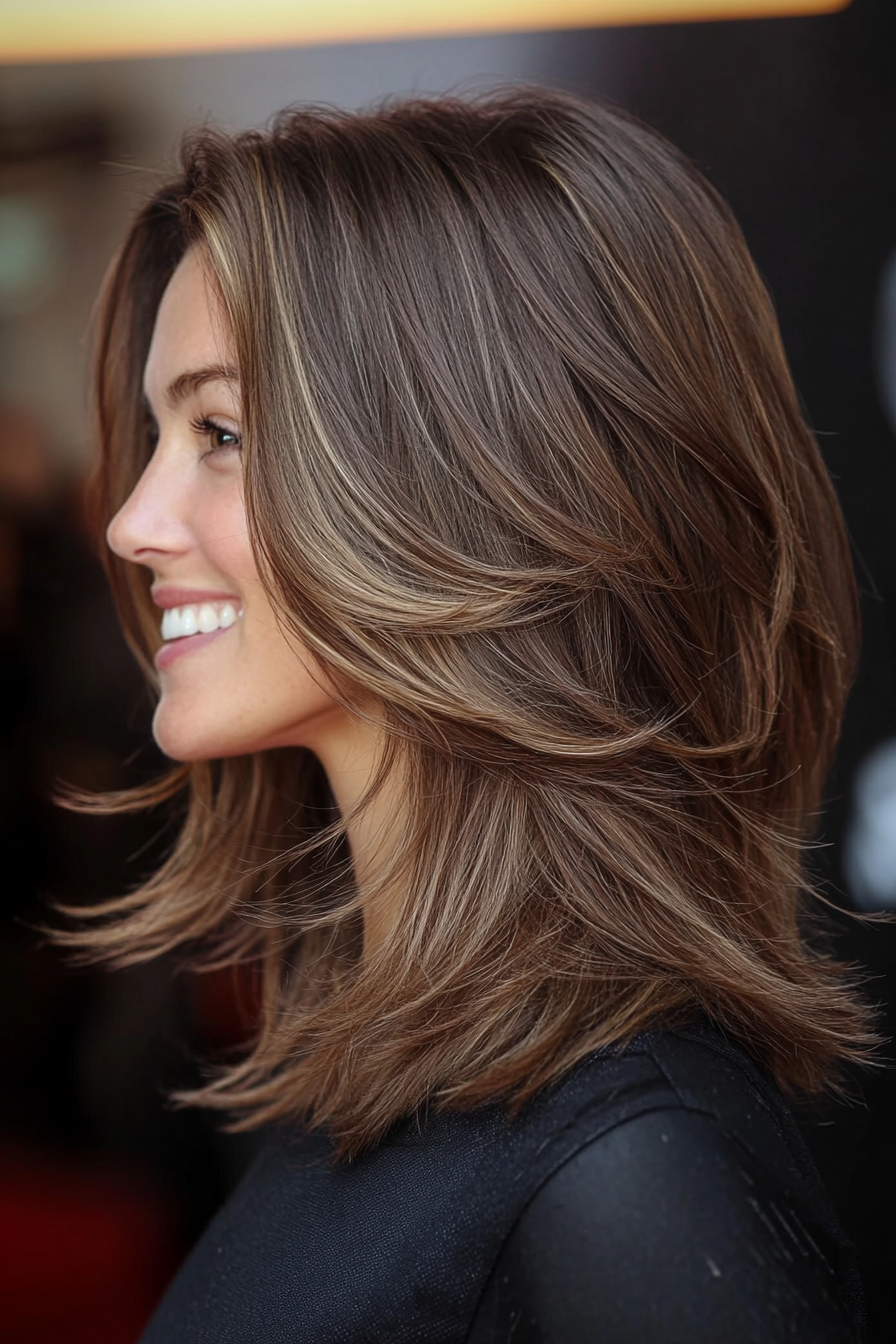 23. Layered V -Cut in klassischen Braun (Boho -Haarschnitte) - Boho -Haarschnitte