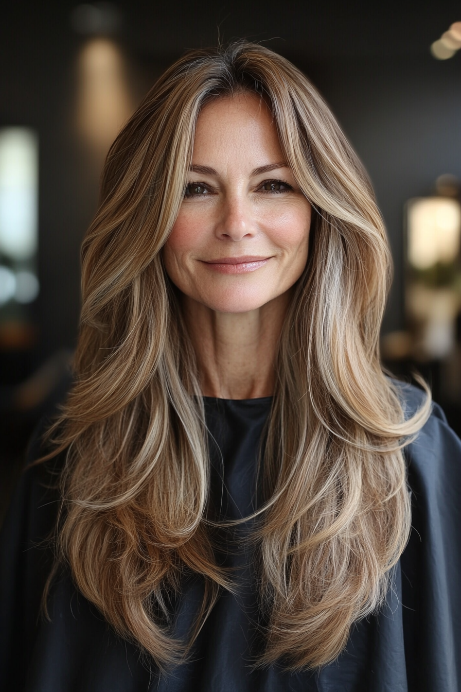 23. Hellbraun lange, sich verjüngte Schichten (Frisuren für Frauen über 40 mit langen Haaren) - Frisuren für Frauen über 40 mit langen Haaren