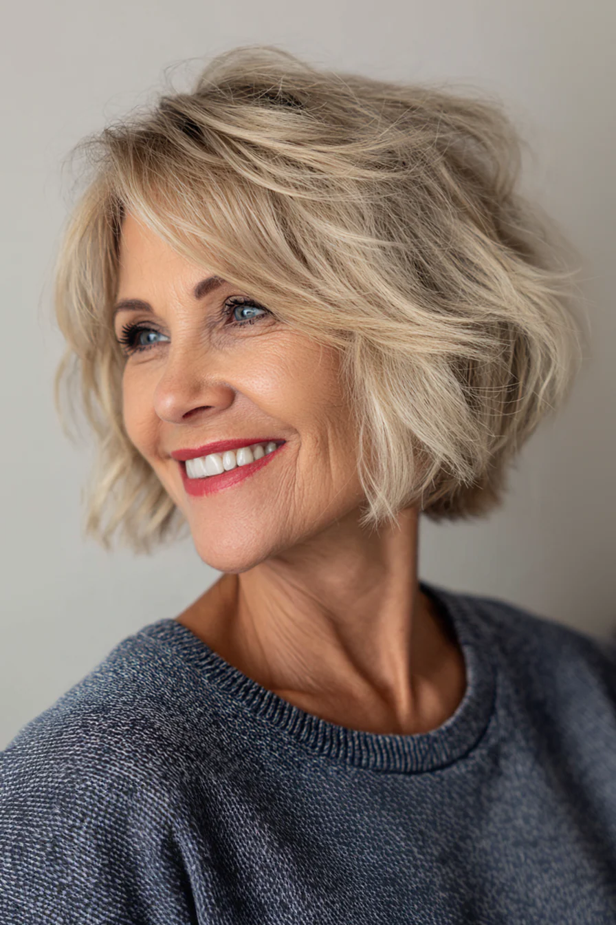 23. Heller Shag-Bob in Sunset Beige (Haarschnitte für Frauen über 60 mit schütterem Haar) – Haarschnitte für Frauen über 60 mit schütterem Haar