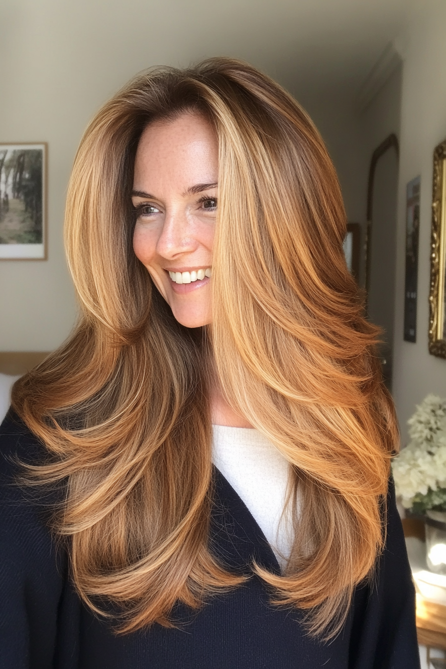 23. Lang gefiederte Schichten mit goldener brauner Basis (Trendfrisuren für Frauen über 50) - Trendfrisuren für Frauen über 50