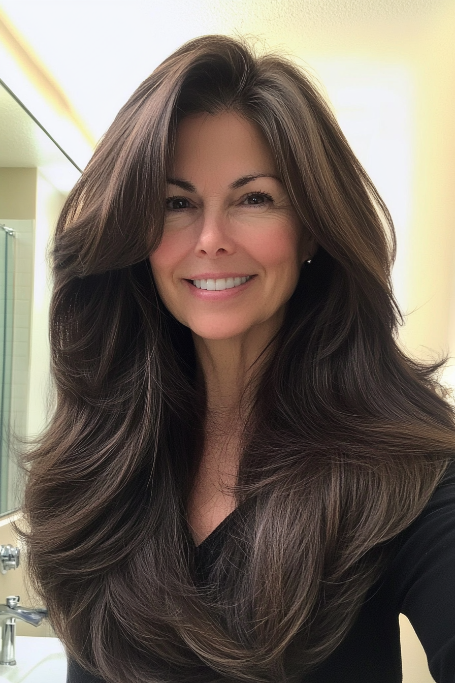 23. Lange fließende Schichten in klassischen Dunkelbraun (Haarschnittideen für Frauen über 50) - Haarschnittideen für Frauen über 50