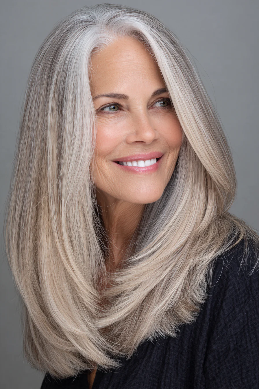 23. Lange gerade Schichten mit Champagnergrau (Lange Frisuren für Frauen über 60 mit dünnem Haar) – Lange Frisuren für Frauen über 60 mit dünnem Haar