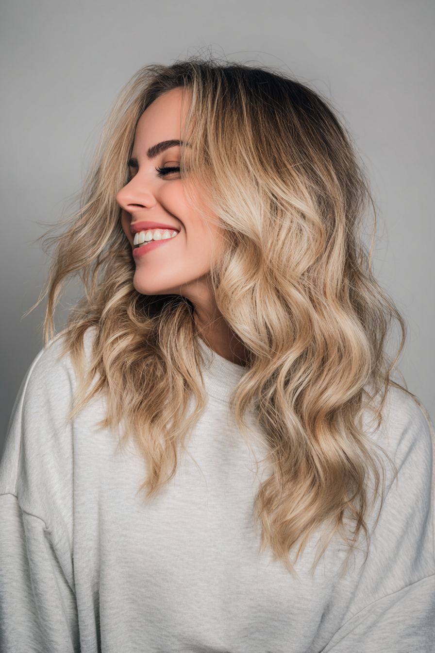 23. Lose Wellen mit Champagnerblonde Glanz (lange Haarschnitte für ovales Gesicht) - lange Haarschnitte für ovales Gesicht