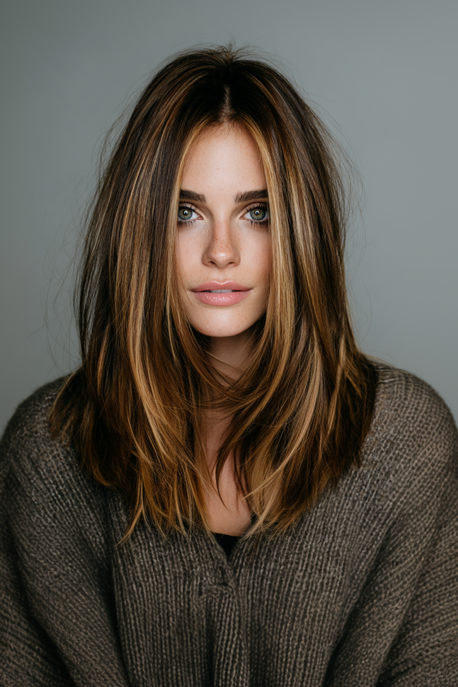 23. Mittellanger V-Schnitt mit Karamell-Mokka-Bändern (Haarschnitte für glattes Haar) – Haarschnitte für glattes Haar