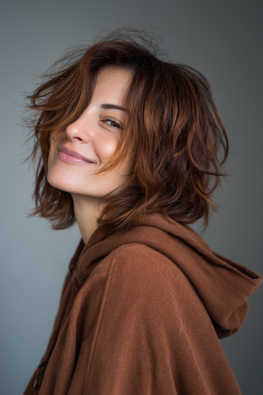 23. Moderner, geschichtter Shag in Zimtbraun (geschichtete Haarschnitte für Frauen über 40) - Schichthaarschnitte für Frauen über 40