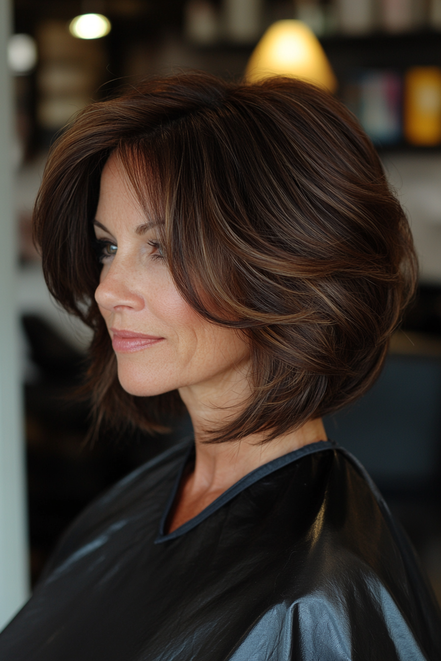 23. Natürliche Brünette invertierte Bob mit Schichten (umgekehrte Bob -Haarschnitte für ältere Frauen) - Umgekehrte Bob -Haarschnitte für ältere Frauen