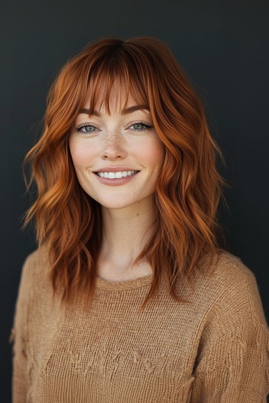 23. Rasiermesser -Midi in staubigem Kupfer (wellige Haarschnitte mit Vorhang Pony) - Wellige Haarschnitte mit Vorhangstücken