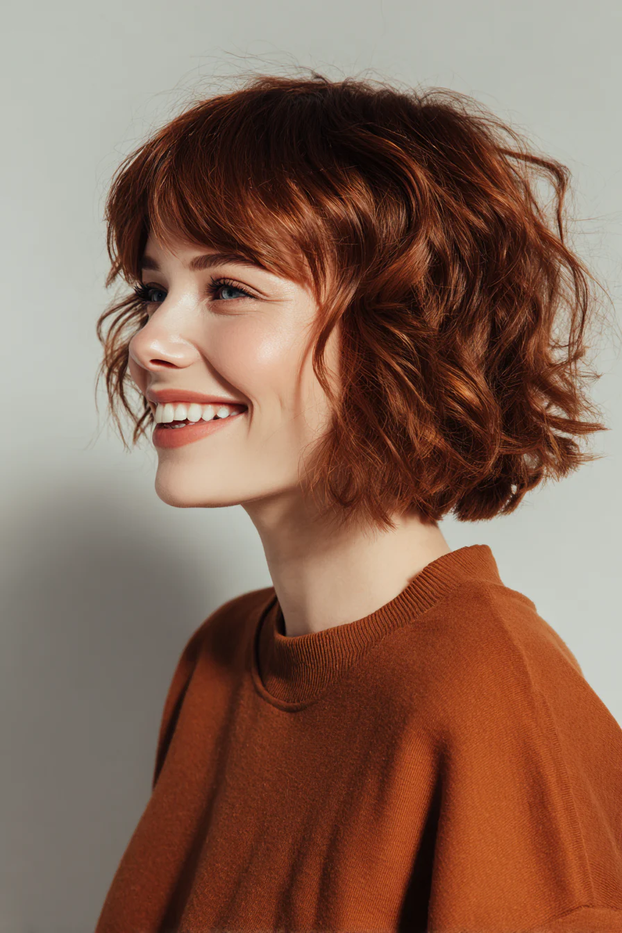 23. Romantischer gelockter Bob mit schokoladenbraunem Pony (Bob-Frisuren mit Pony) – Bob-Frisuren mit Pony