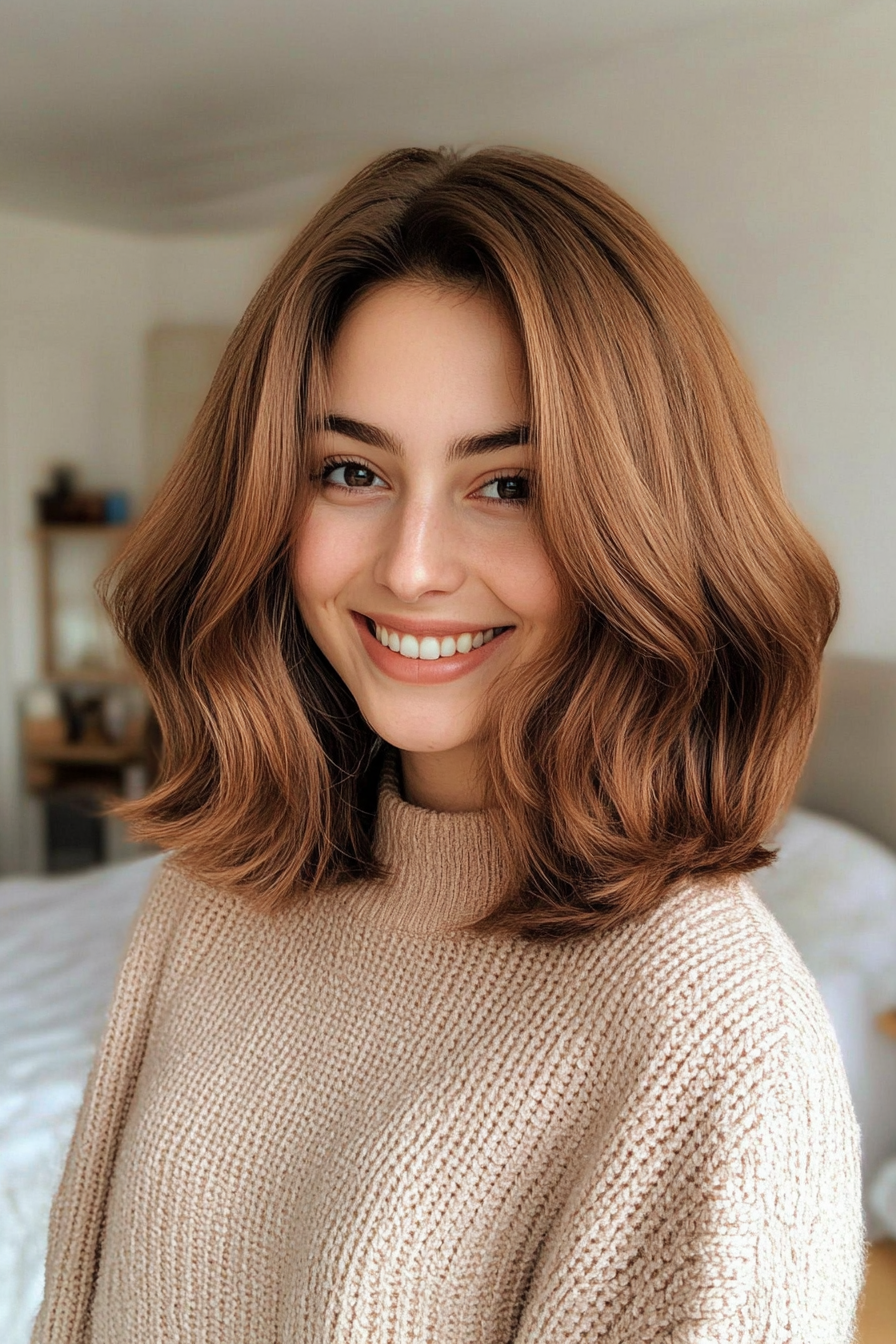 23. abgerundete Midi geschnitten mit kastanienbraunem (mittleren Haarschnitten für krafthaftes Haar) - mittelgroße Haarschnitte für krauses Haar