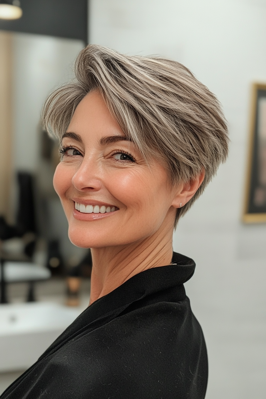 23. Kurzbeschnitten mit Aschebronde -Mischung (Frisuren für Frauen über 60 mit dickem Haar) - Frisuren für Frauen über 60 mit dicken Haaren