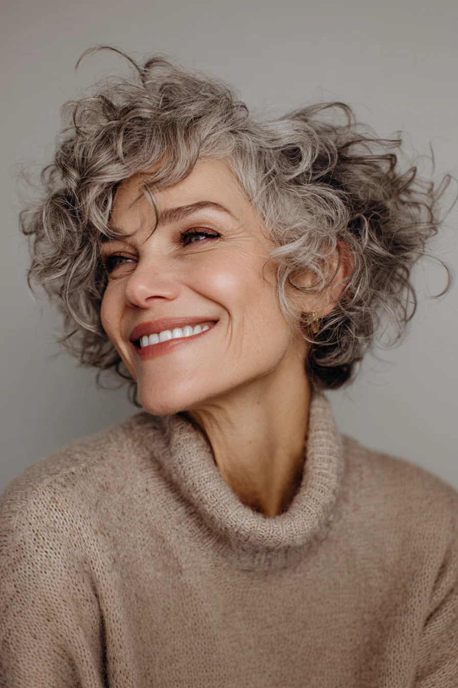 23. Kurzer Lockenschnitt für feine Locken in hellem Pilzbraun (Kurzfrisuren für Frauen über 60 mit lockigem Haar) – Kurze Frisuren für Frauen über 60 mit lockigem Haar