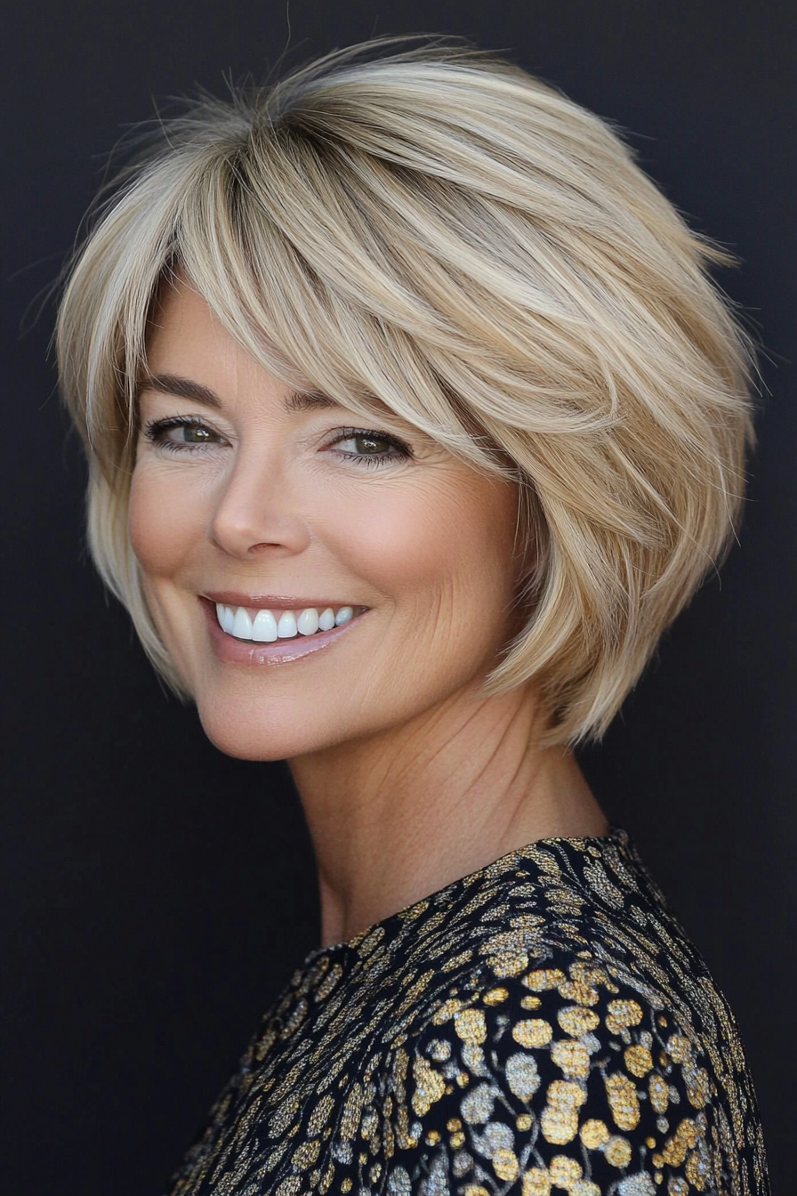 23. Kurzschichtiger Bob in neutraler Blondine (kühle Haarschnitte für Frauen über 50) - Kühle Haarschnitte für Frauen über 50