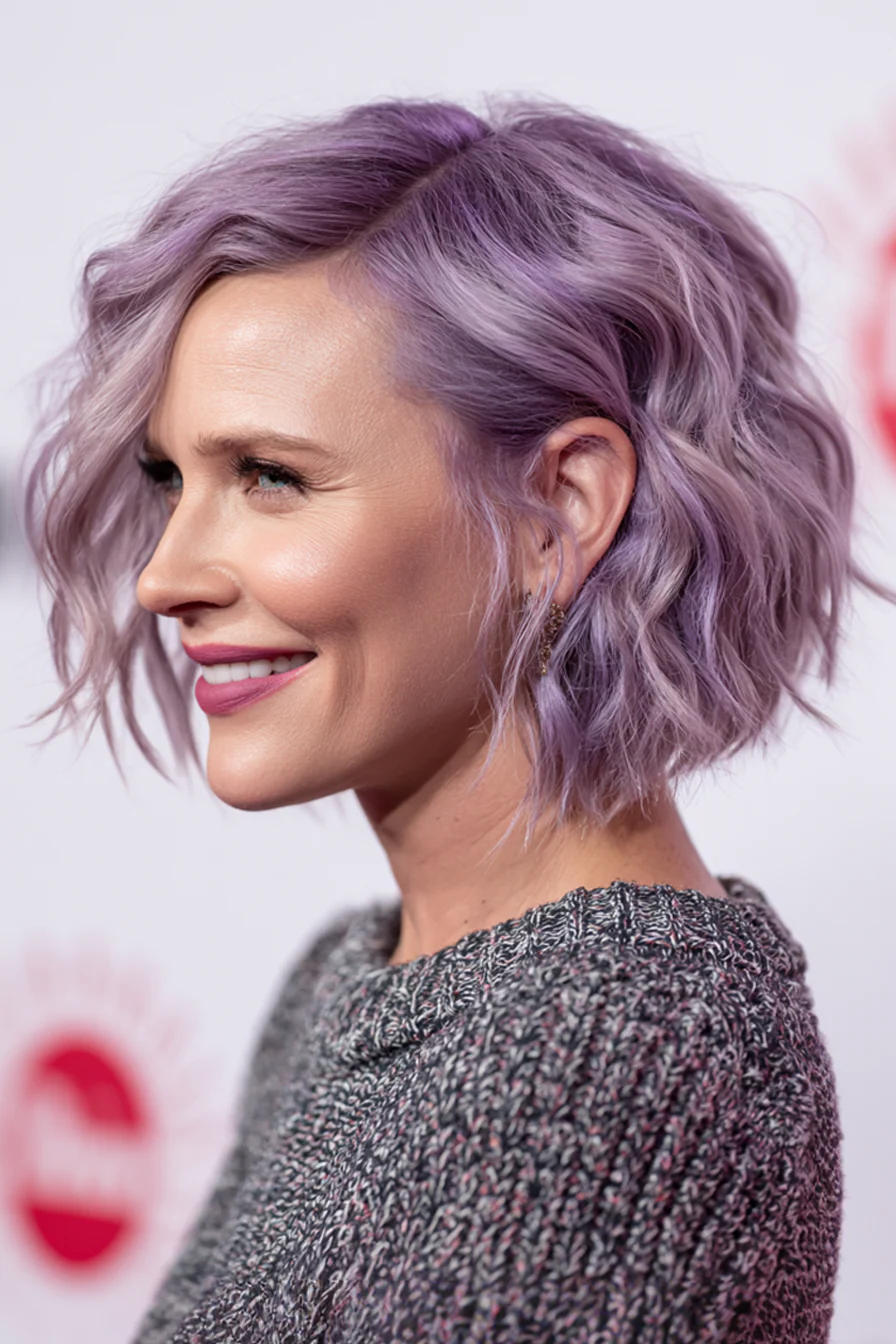 23. Kurzer gewellter Schnitt mit dezentem Lila-Ton (sanftes Violett) (Kurze gewellte Frisuren für Frauen über 40) – Kurze gewellte Frisuren für Frauen über 40