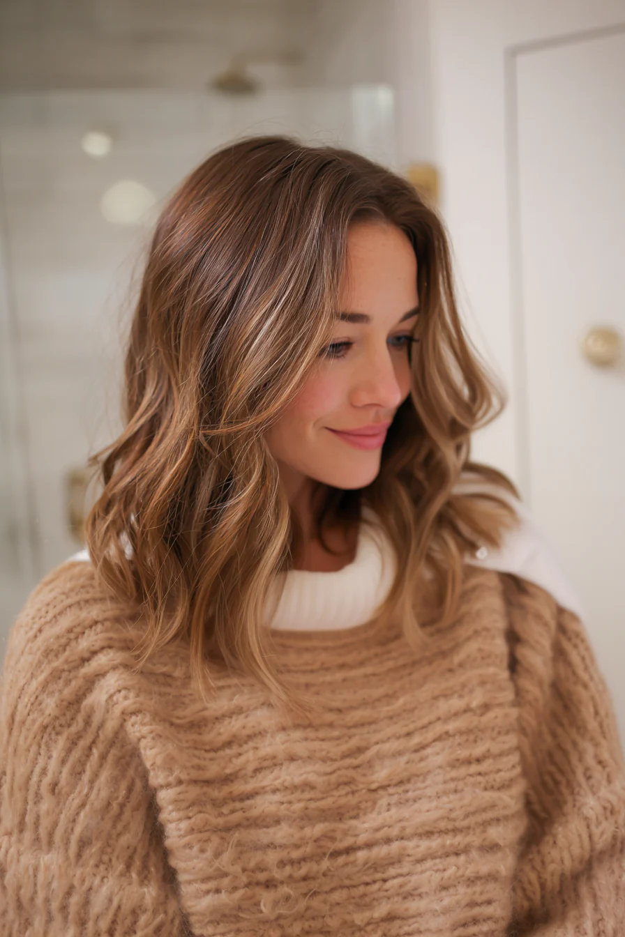 23. Schulterlanger Karamell-Shag mit Mikroschichten (mittellange geschichtete Haarschnitte) – Mittellange geschichtete Haarschnitte