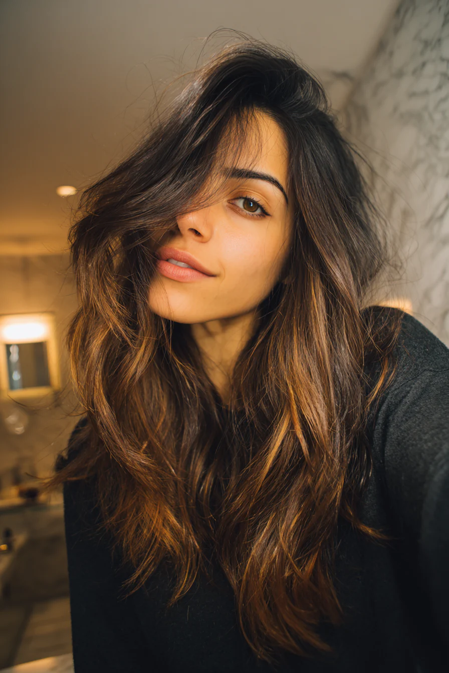 23. Seitlich geschwungene Schichten mit Haselnussbraun (Haarschnitt-Ideen für Frauen) – Haarschnitt-Ideen für Frauen