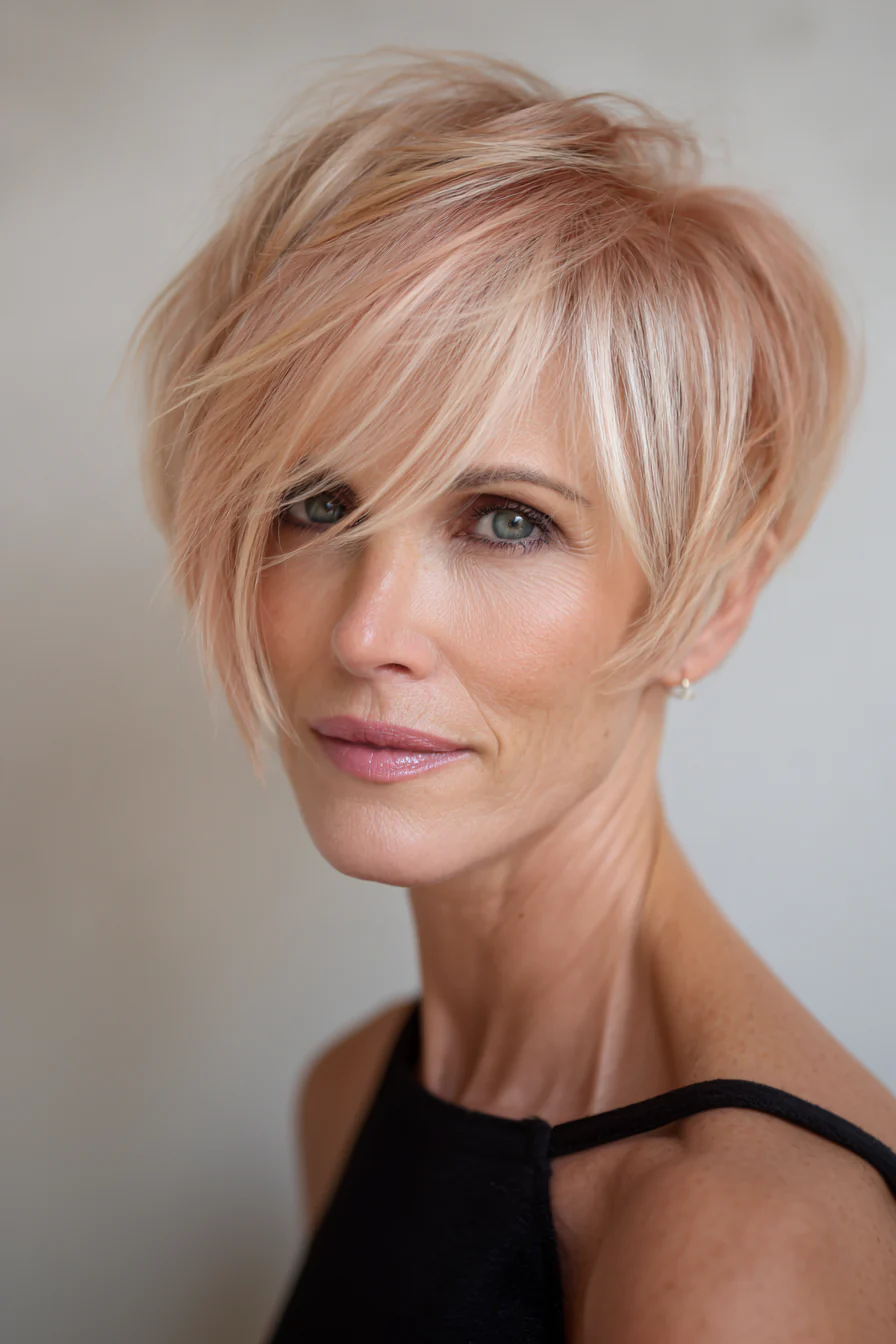 23. Seitlich geschwungener Pixie-Bob – Erdbeerblond (kurze Frisuren für ältere Frauen mit dickem Haar) – Kurze Frisuren für ältere Frauen mit dickem Haar