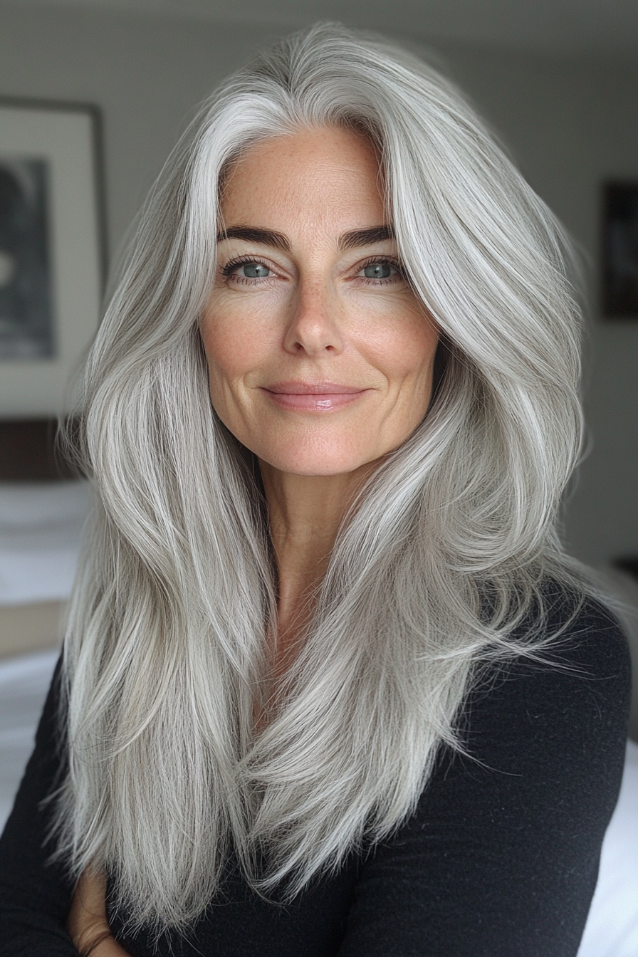 23. Silber Asche gefiederte Enden (längere Frisuren für ältere Frauen) - längere Frisuren für ältere Frauen