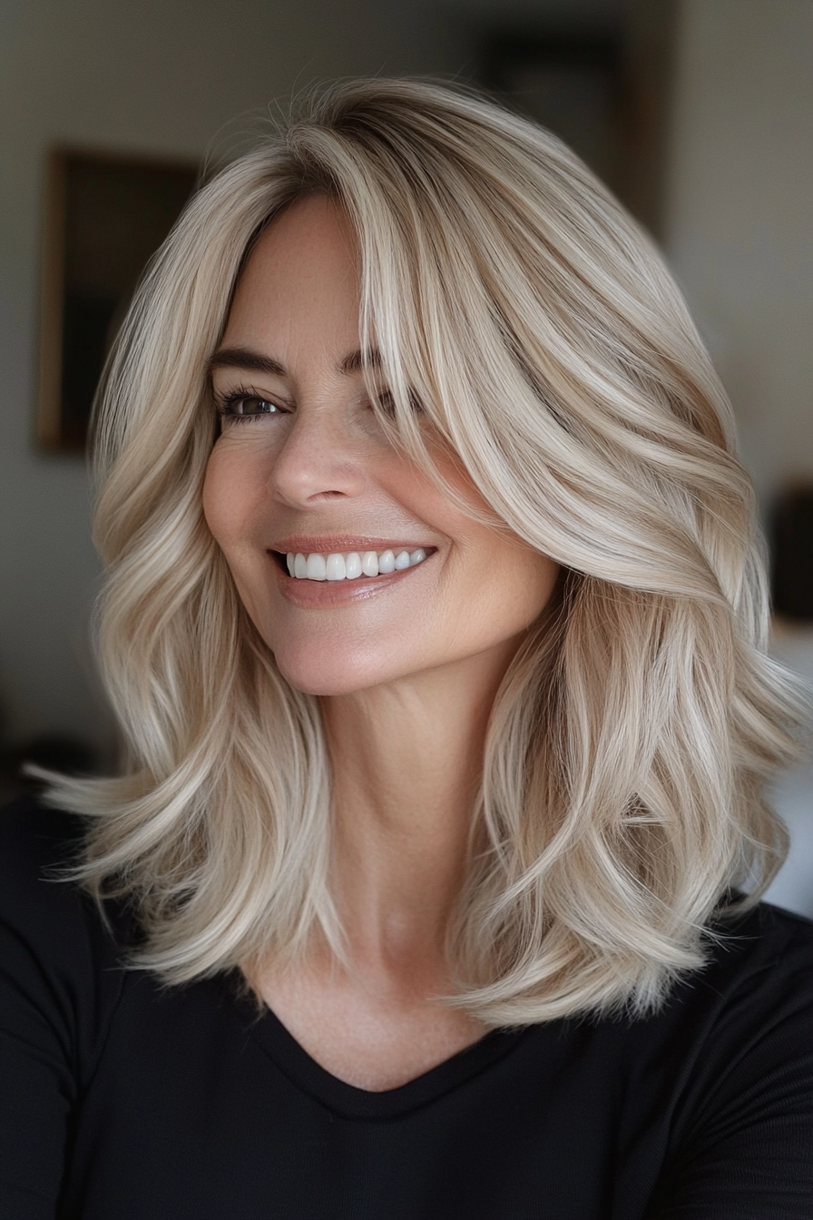 23. weicher beige blonde mittlere Länge mit Schichten (schicke Frisuren für Frauen über 50) - schicke Frisuren für Frauen über 50