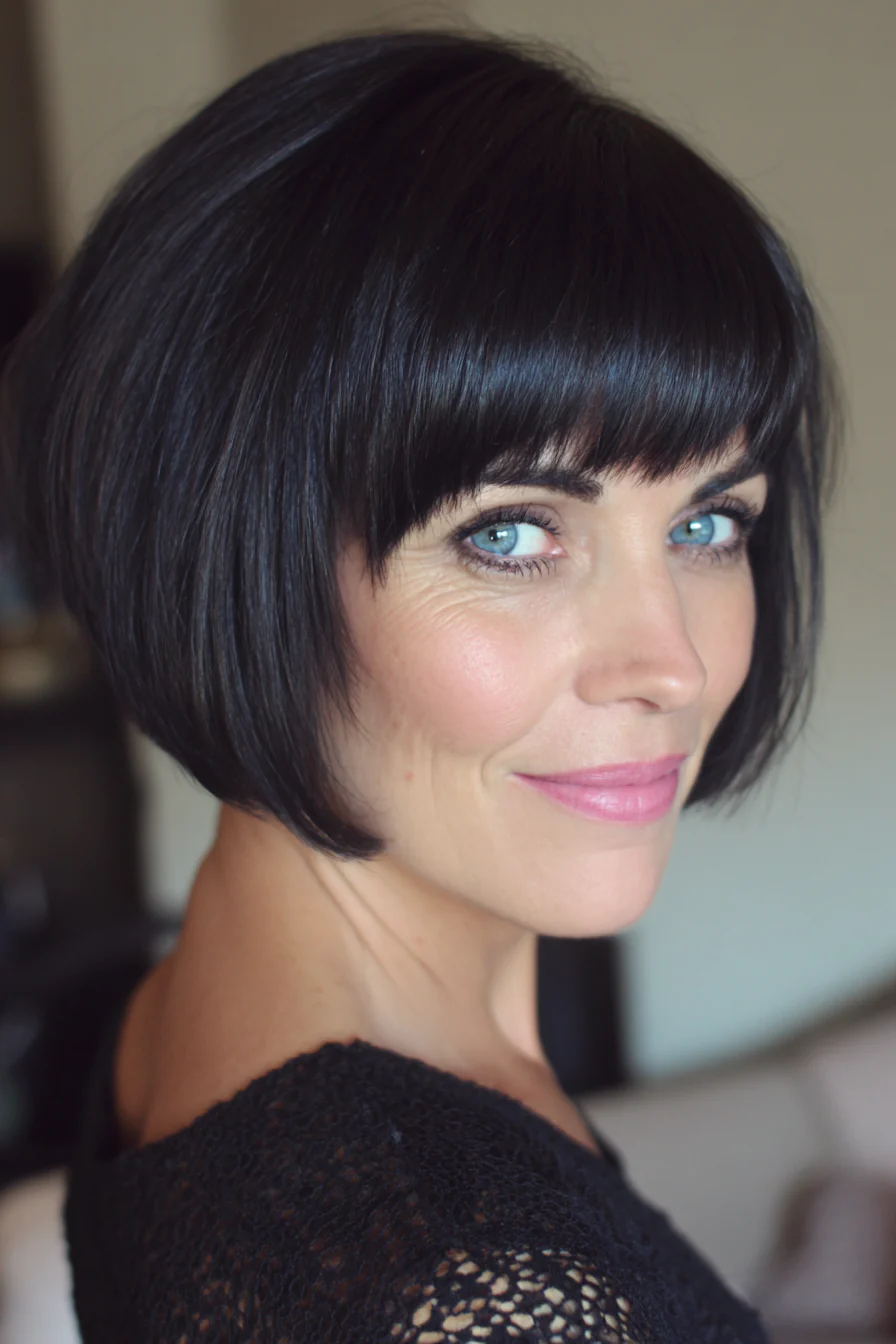 23. Weicher schwarzer Undercut-Bob mit spitz zulaufendem Pony (Bob-Haarschnitte mit Pony für Frauen über 50) – Bob-Haarschnitte mit Pony für Frauen über 50