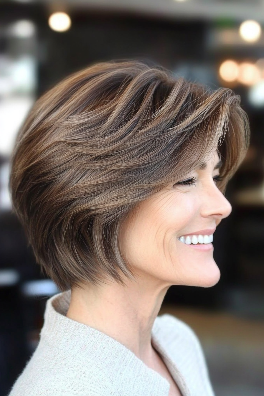 23. Soft brauner Stack (kurze Haarschnitte für Frauen über 50) - kurze Haarschnitte für Frauen über 50