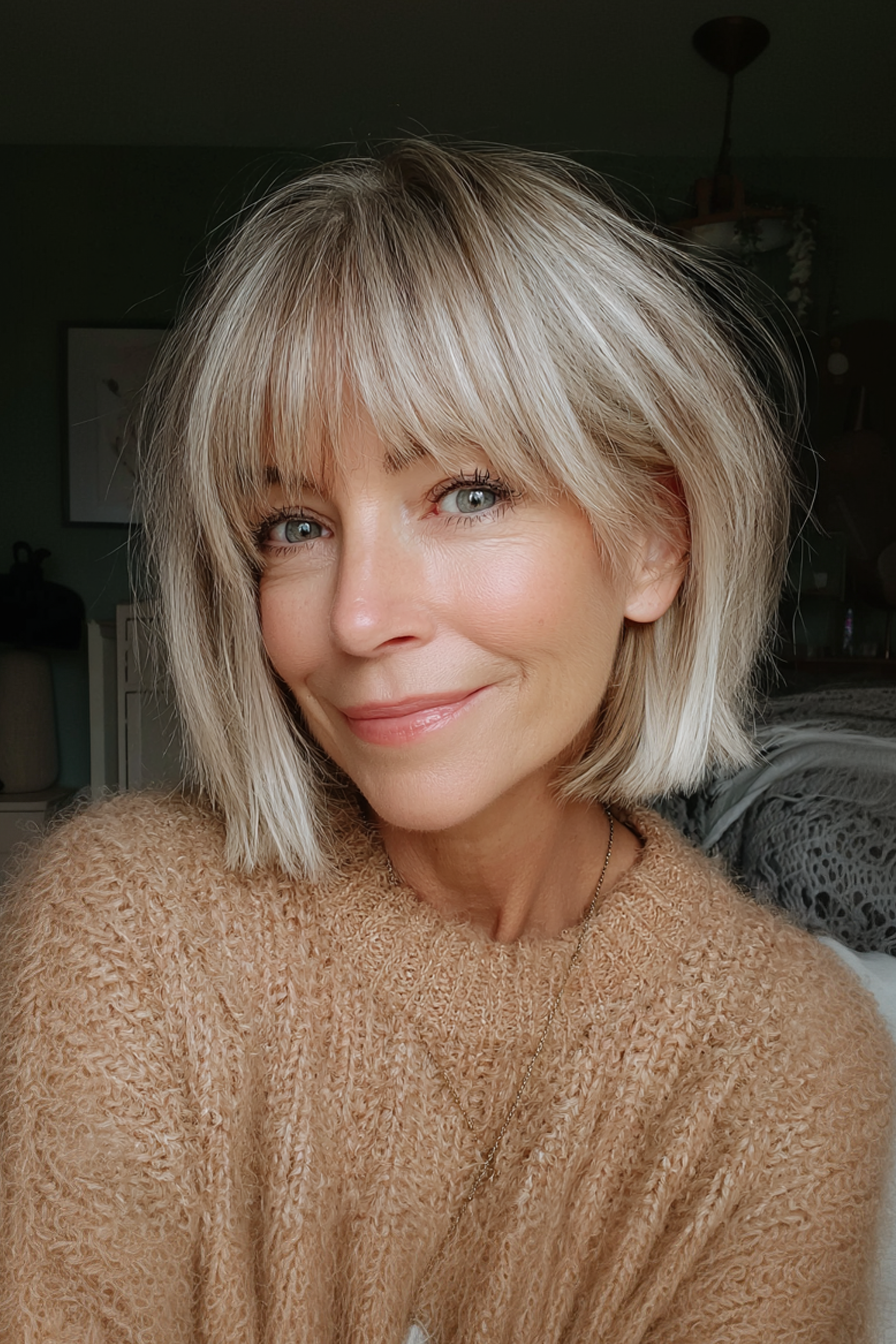 23. Soft Shaggy Layered Bob in leichter Ascheblonde (kurze Bob -Haarschnitte für Frauen über 50) - kurze Bob -Haarschnitte für Frauen über 50