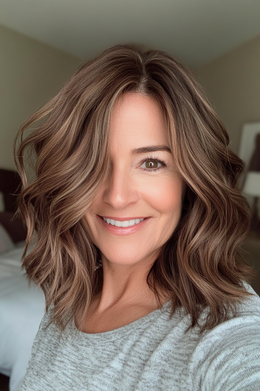 23. Soft Wavy Lob in Walnussbraun (Hüftfrisuren für Frauen über 50) - Hüftfrisuren für Frauen über 50