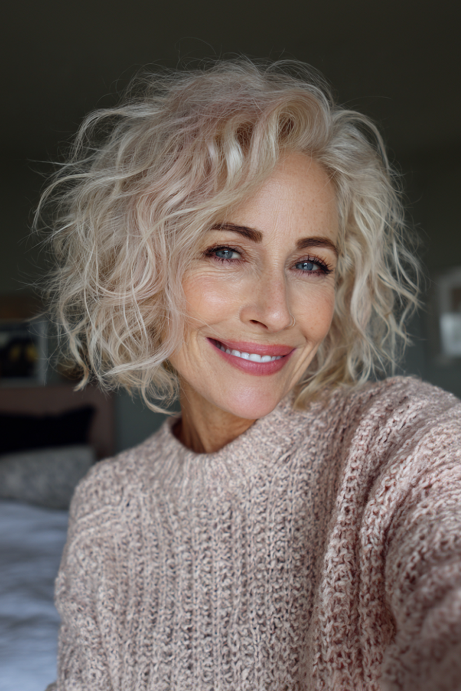 23. Sanft gelockter Schnitt in Roségoldblond (Kurzhaarschnitte für Frauen über 60 mit dickem, gewelltem Haar) – Kurzhaarschnitte für Frauen über 60 mit dickem, gewelltem Haar