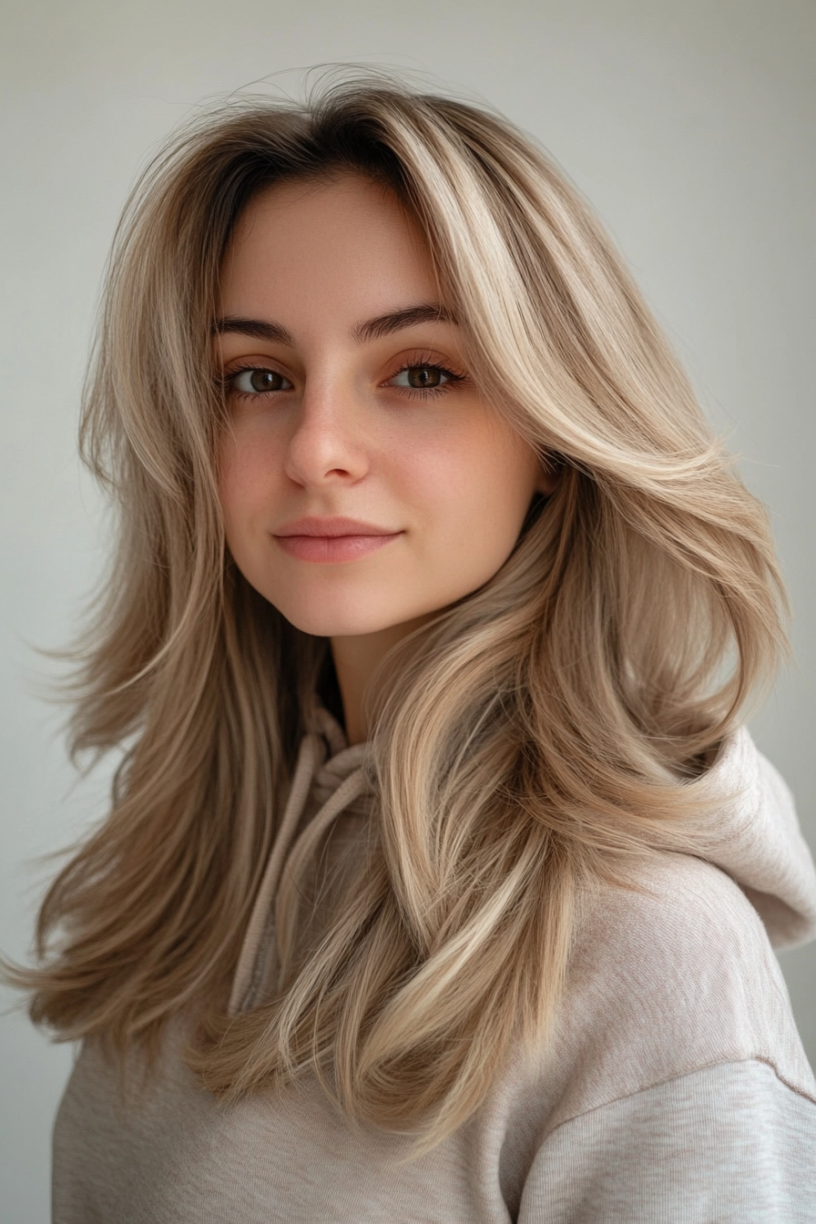 23. Kehrende Seitenschichten in Champagner Beige (geschichtete Haarschnitte für das dünner Haar) - geschichtete Haarschnitte zum Ausdünnen von Haaren