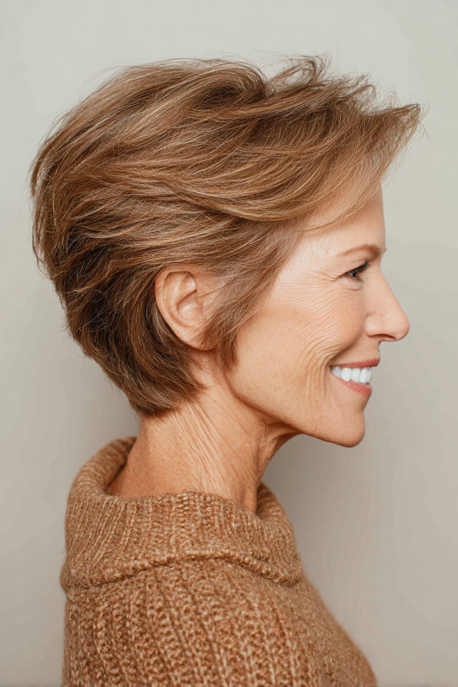 23. Nach hinten geschwungener, geschichteter Pixie in Mokkabraun (gestufter Pixie-Haarschnitt für Frauen über 60) – geschichteter Pixie-Haarschnitt für Frauen über 60