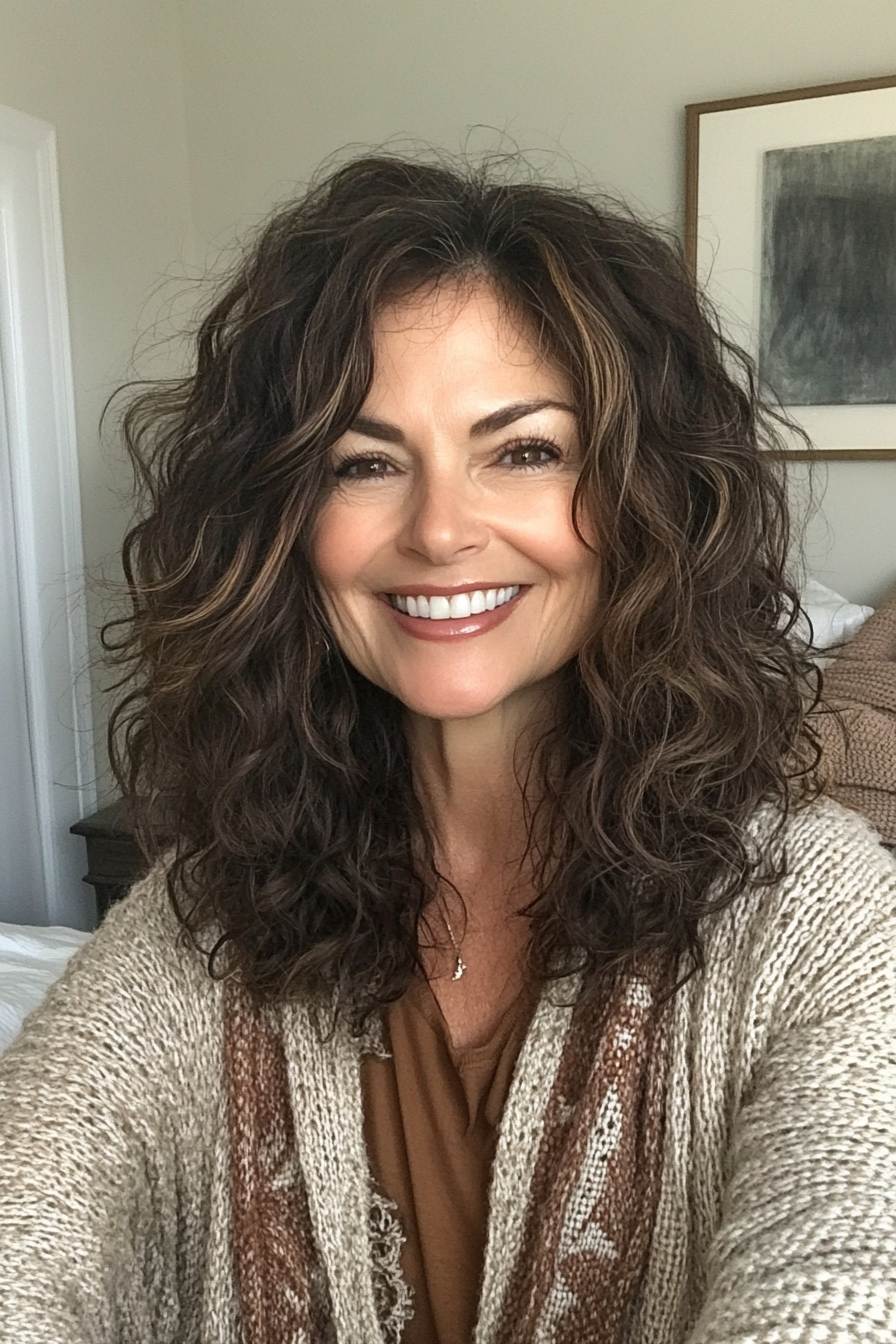 23. Strukturierte Lob mit natürlicher Brünette (Haarschnitte für Frauen über 50 mit lockigem Haar) - Haarschnitte für Frauen über 50 mit lockigem Haar