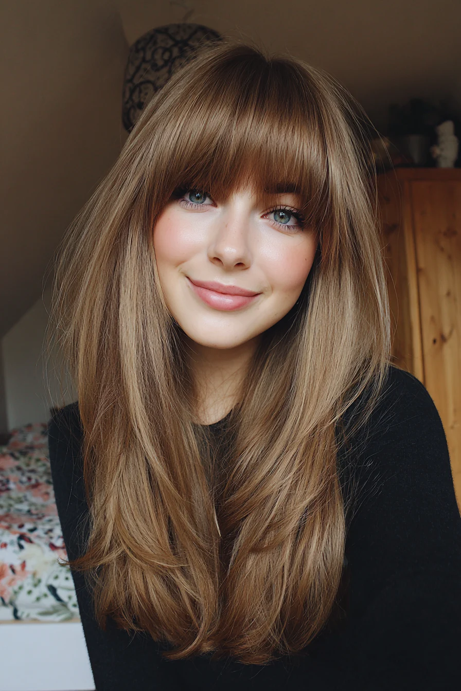 23. Toffee Long Layered Fringe (Gerade Grunge-Frisuren) – Gerade Grunge-Frisuren