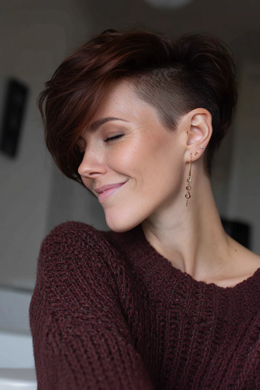 23. Undercut Pixie in tiefem Mahagoni (Kurzhaarschnitte für Frauen über 40 mit feinem Haar) – Kurzhaarschnitte für Frauen über 40 mit feinem Haar