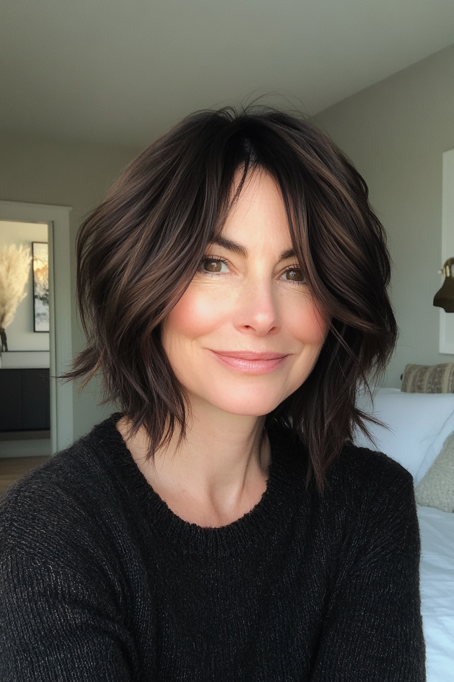 23. Rückstand in kühlem dunklem Braun (mittel- bis kurze Haarschnitte für Frauen über 50) - mittel- bis kurze Haarschnitte für Frauen über 50