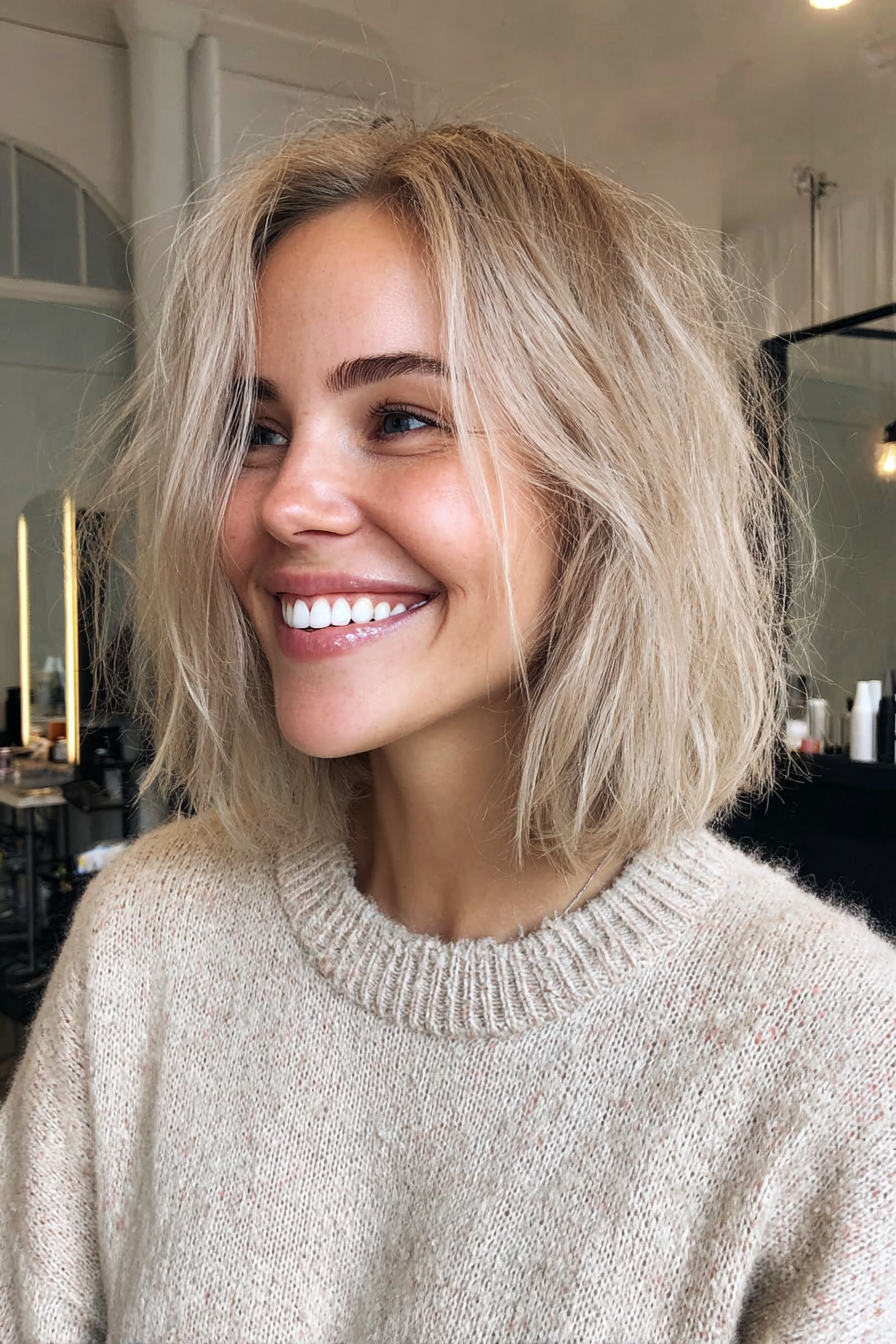 23. Undertuelle Schichten mit aschy Beige blonde (mittelgroße geschichtete Bob -Frisuren) - mittelgroße, geschichtete Bob -Frisuren