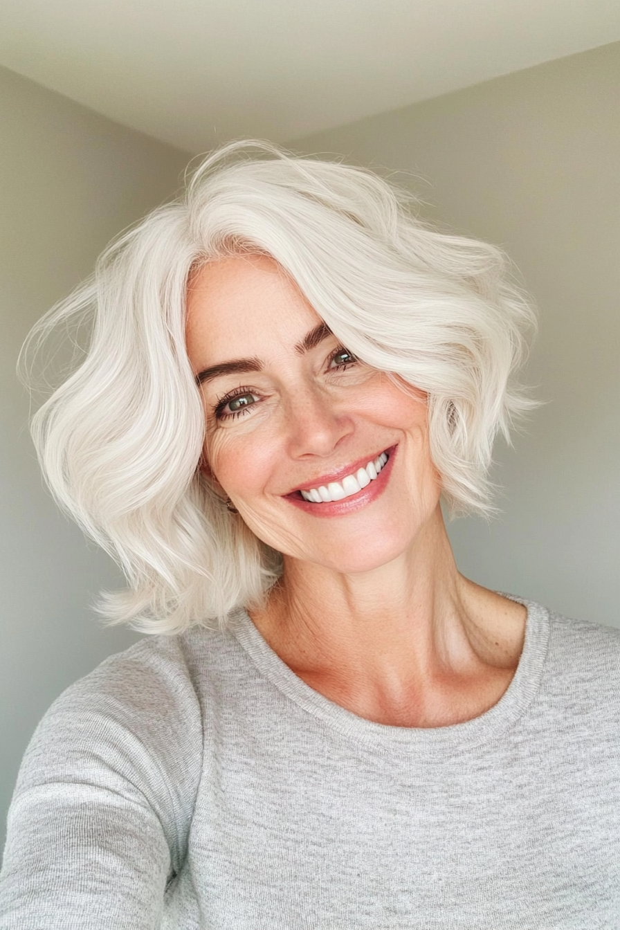 23. Volumenernte mit natürlichen weißen Glühen (Haarschnitte für ältere Frauen mit welligem Haar) - Haarschnitte für ältere Frauen mit welligem Haar