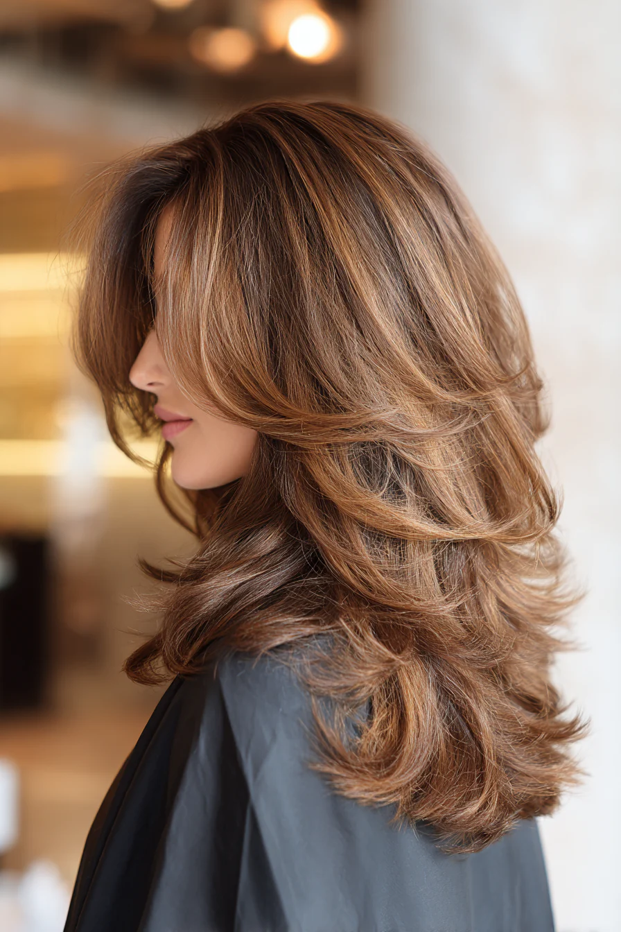 23. Voluminöser Shag-Schnitt in mittlerem Honigbraun (Brautjungfernfrisuren) – Brautjungfernfrisuren