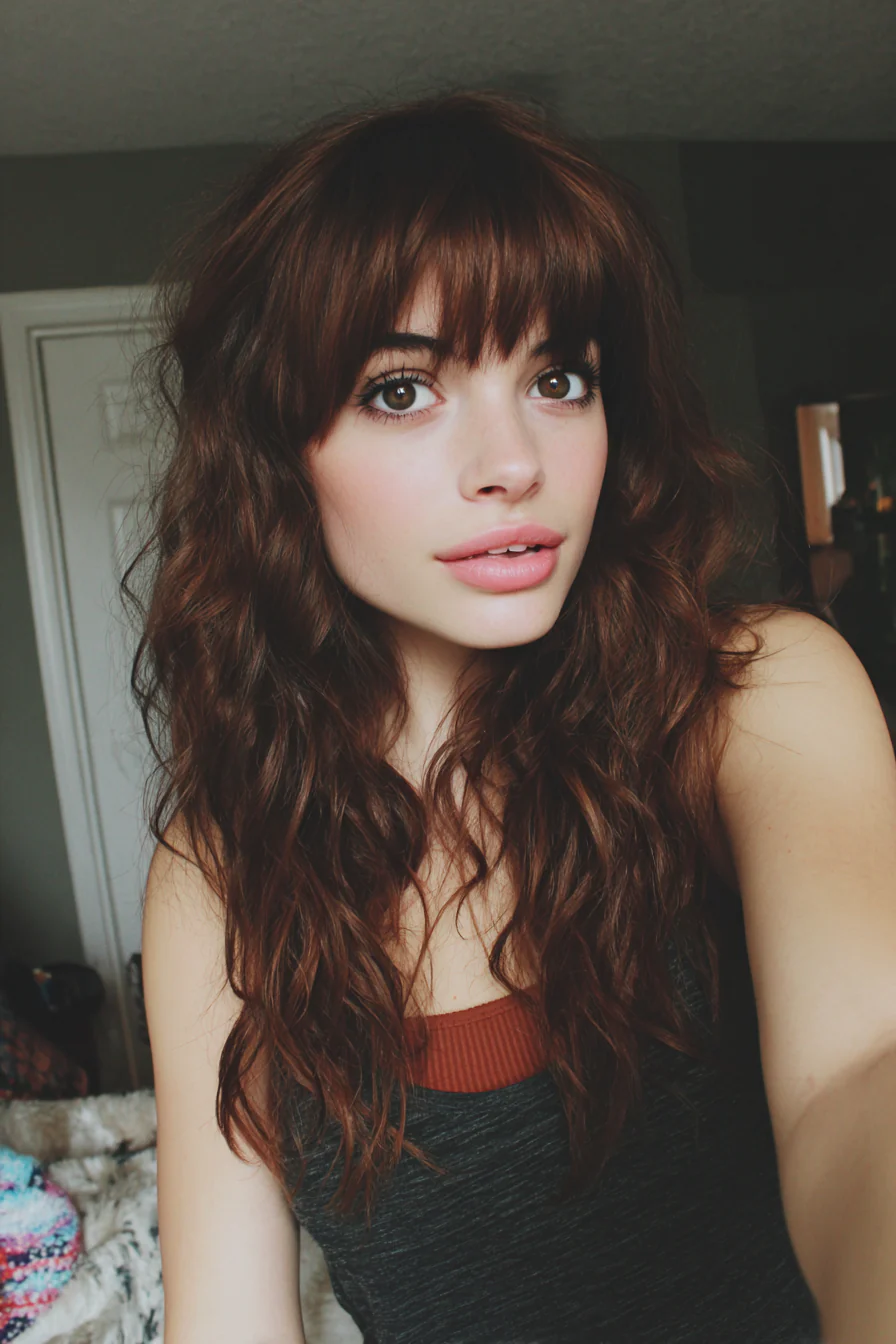 23. Welliger, mittellanger Bob mit geteiltem Pony in Mahagonibraun (Mittellange Frisuren mit Pony) – Mittellange Frisuren mit Pony