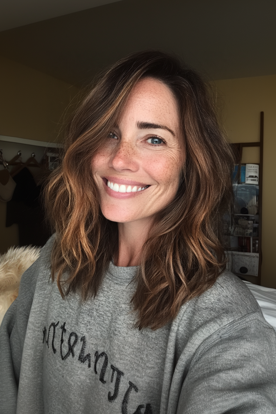 23. Wellige mittlere Länge mit Schokoladenbraun (jugendliche Haarschnitte für Frauen über 50) - jugendliche Haarschnitte für Frauen über 50