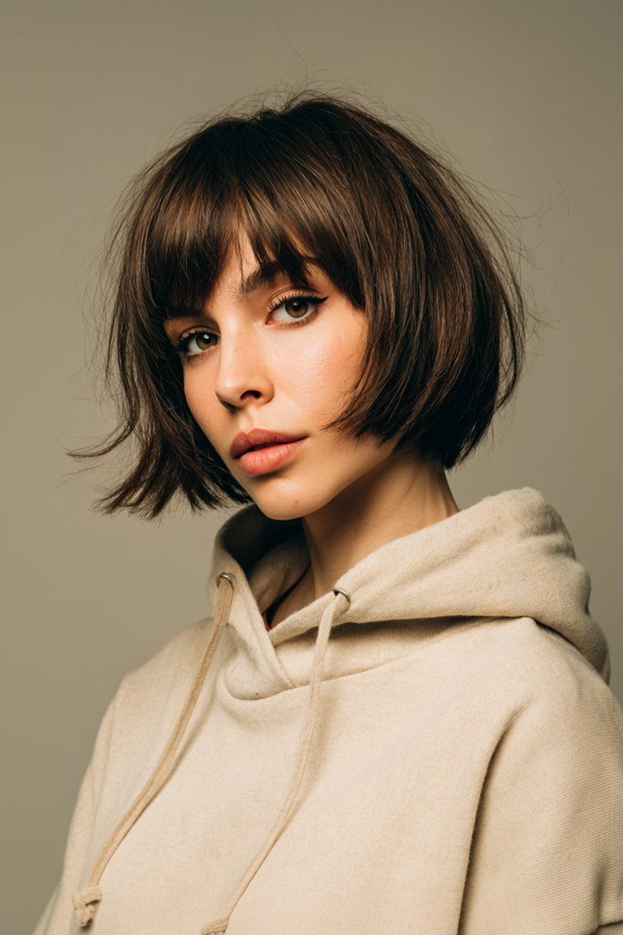 23. Wedge Bob mit wispigen Enden in Aschebraun (kurze Bob -Frisuren mit Pony) - kurze Bob -Frisuren mit Pony